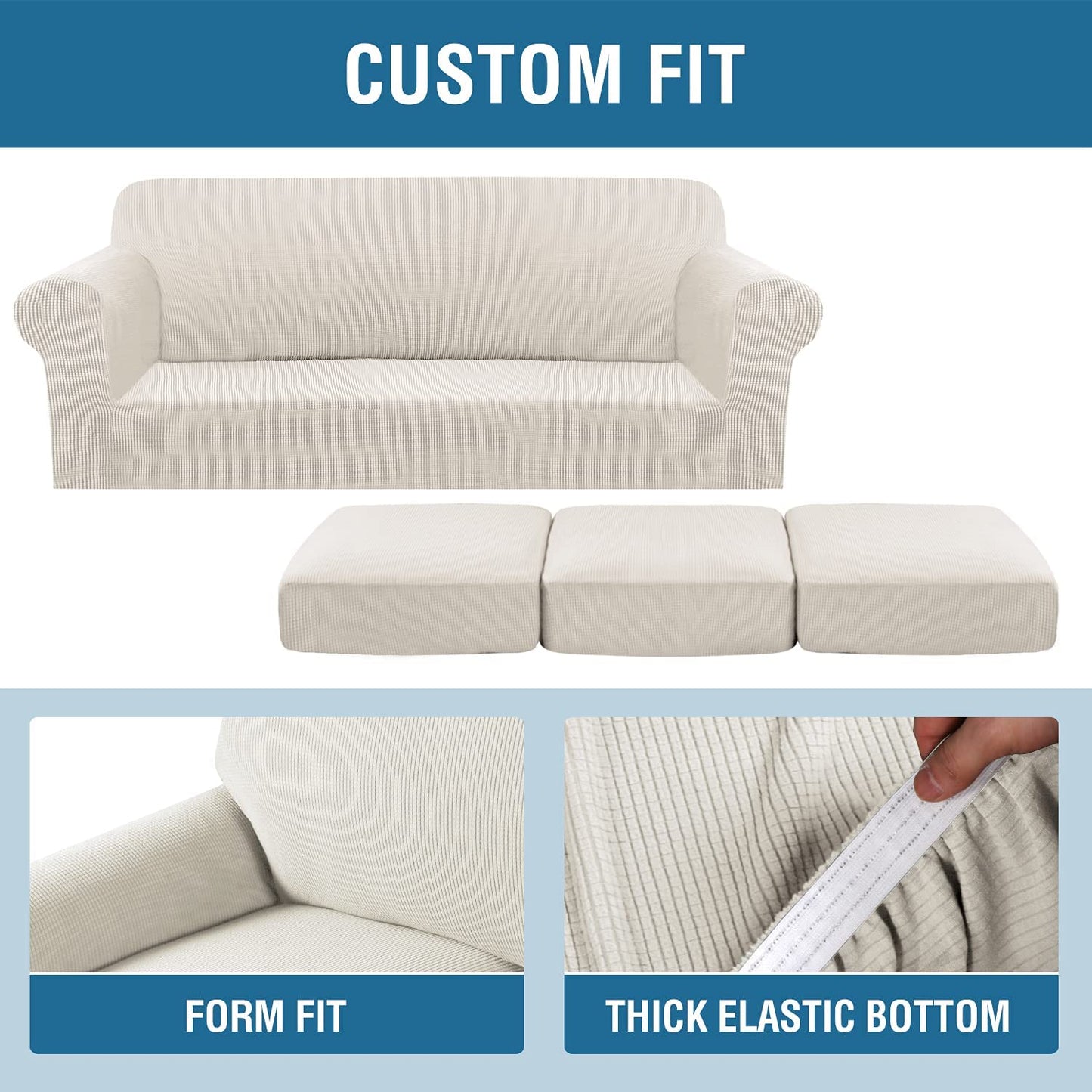 4 Piece Stretch Sofa Covers for 3 Cushion Couch Covers for Living Room Furniture Slipcovers (Base Cover plus 3 Seat Cushion Covers) Upgraded Thicker Jacquard Fabric (Sofa, Ivory)