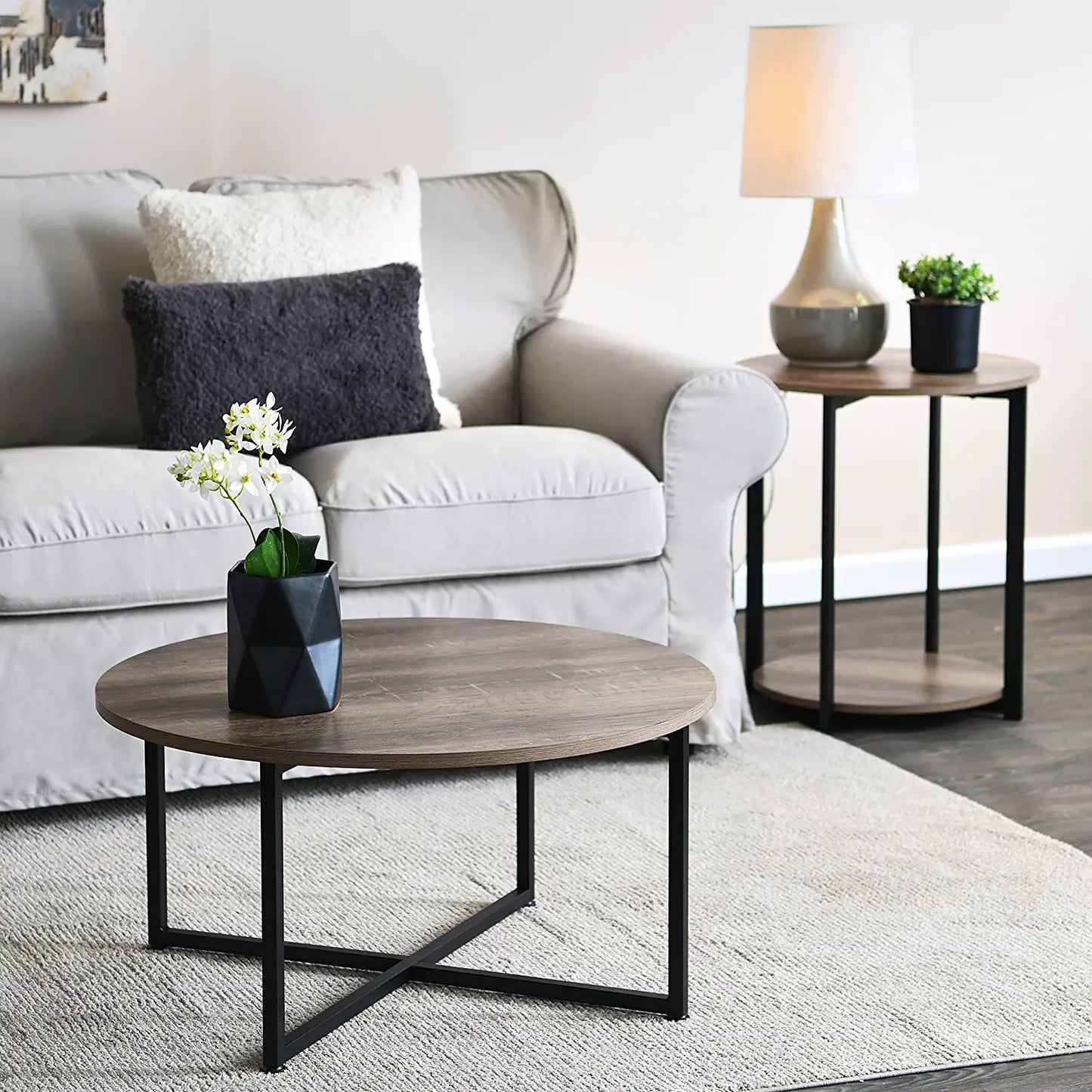 Grey Top Black Frame Ashwood round Coffee Table, 31.5 X 31.5