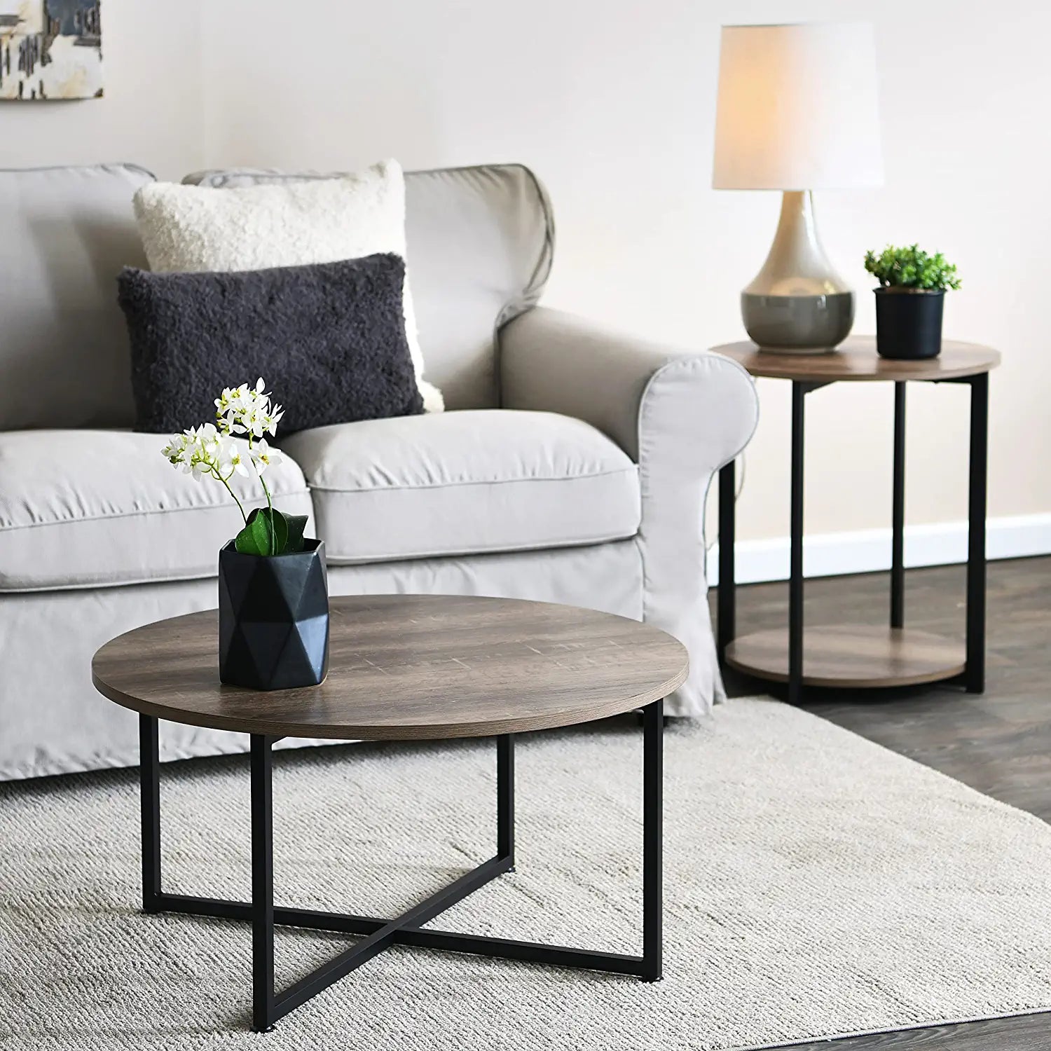 Grey Top Black Frame Ashwood round Coffee Table, 31.5 X 31.5