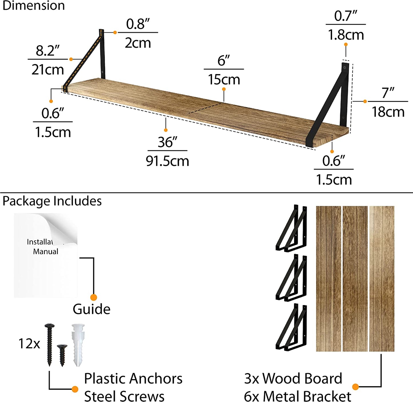 Bora 36 Inch Large Floating Shelves for Wall Storage, Floating Bookshelf Set of 3, Burned Wood Wall Shelves for Books