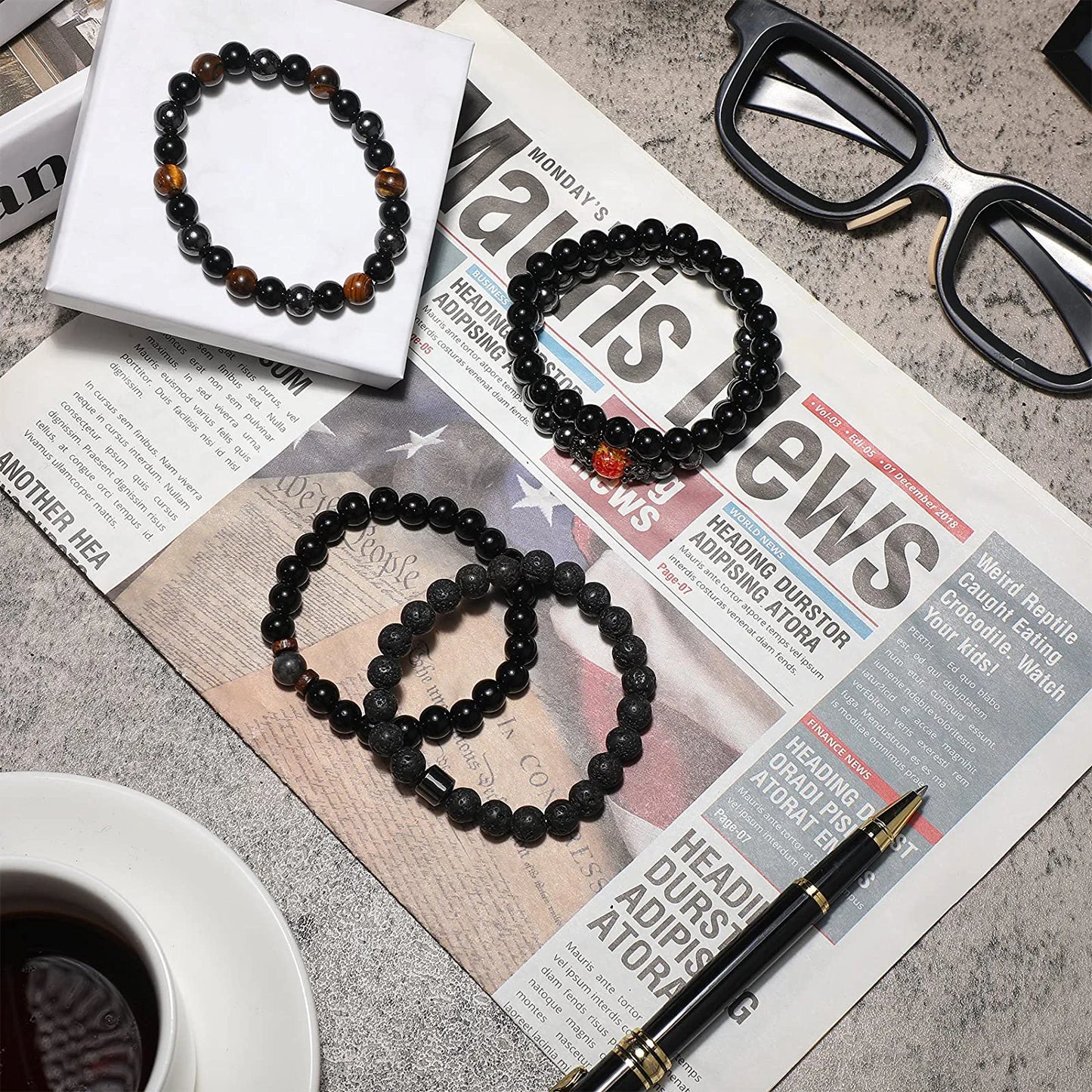 5 Pieces Adjustable Stretch Beads Bracelet Black Elastic Bracelets Therapy Lava Rock Bracelets Tiger'S Eye Stone Magnetic Hematite Jewelry Triple Protection Positive Energy Bracelet for Men Women