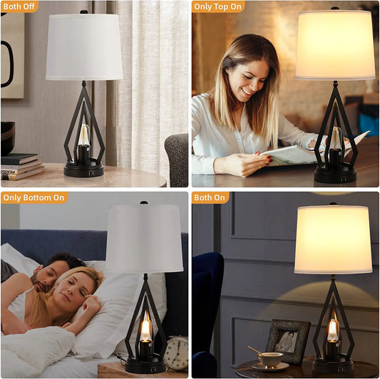 Table Lamps for Living Room Set of 2 - Farmhouse Bedroom Lamps for Nightstand with USB Ports, Black Bedside Lamps for End Table (4 Bulbs Included)