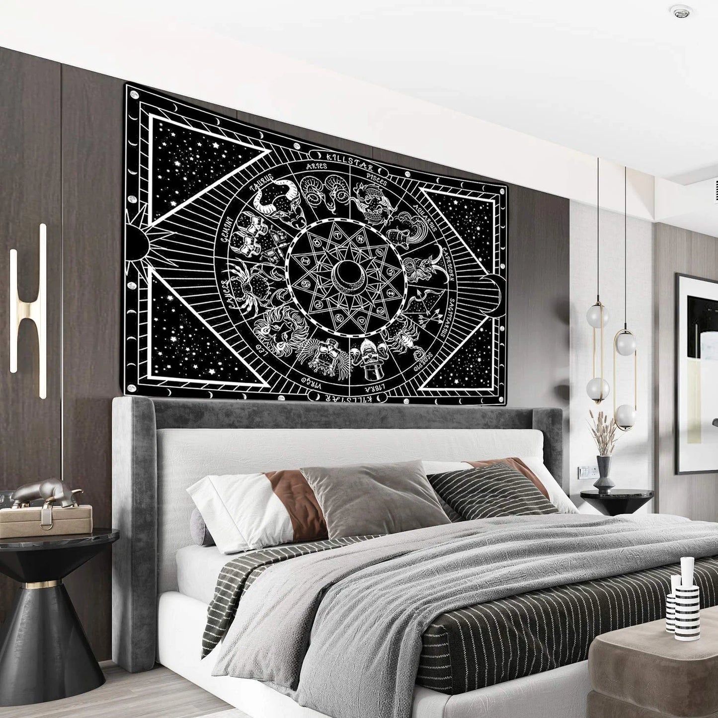 12 Constellation Tapestry Moon Star Sun Celestial Tapestry Black and White Tarot Tapestries Hippie Boho Tapestry for Room(59.1 X 59.1 Inches)