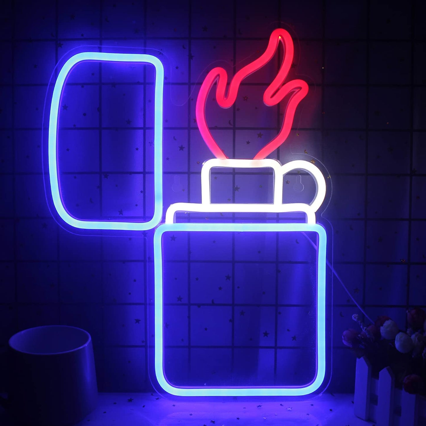 Lighter Shaped Neon Light Sign Blue Red Light Neon Sign Cool Cigarette Lighter Neon Light for Wall Decor Light for Internet Cafe Gaming Room Man Cave Decoration