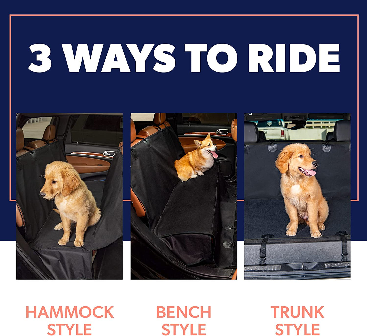 Car Seat Cover for Dogs - Standard Waterproof Dog Seat Cover for Back Seat in SUV or Truck - Convertible Pet Hammock & Trunk Protector for Travel - Black