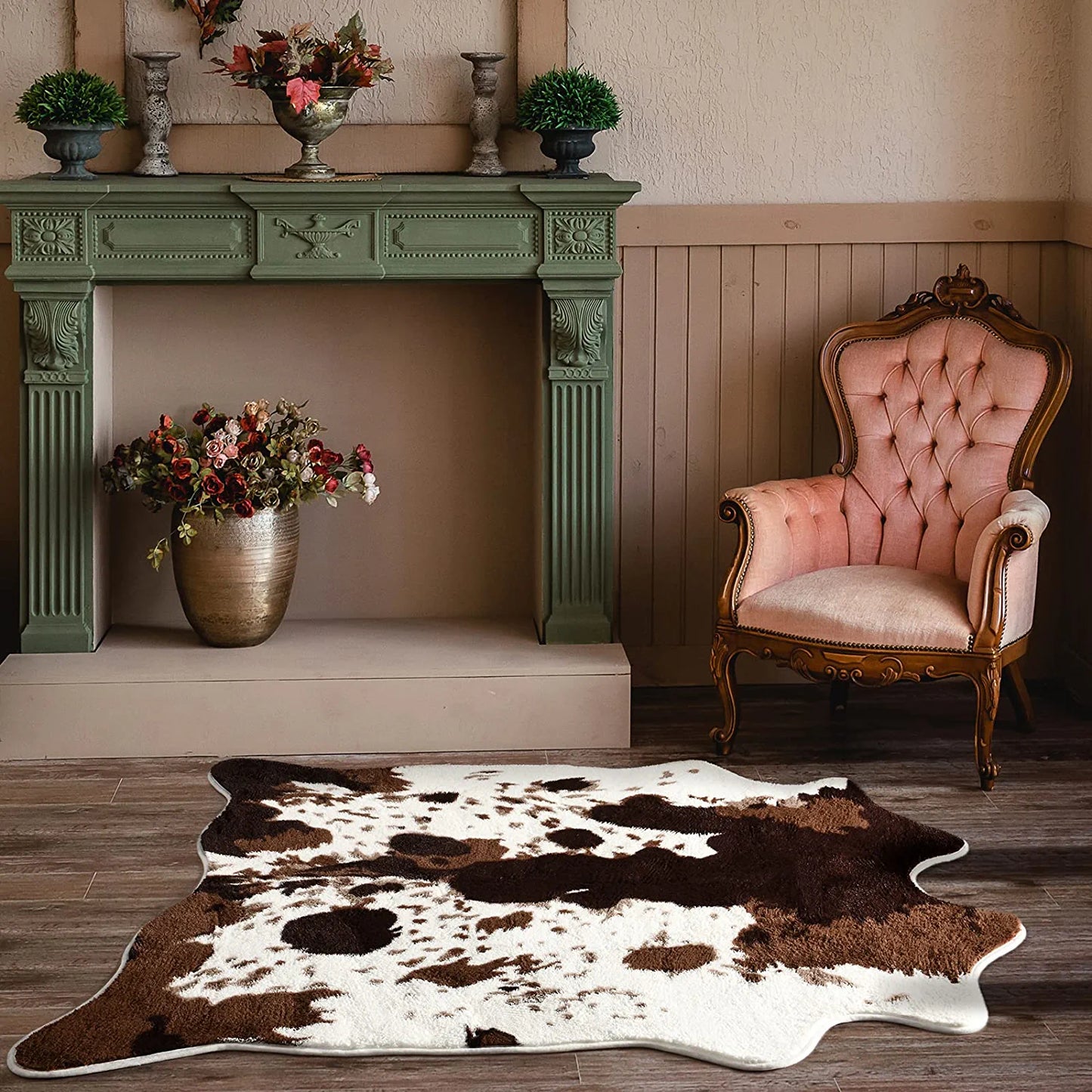 Cow Print Area Rugs Cowhide Rugs 4.6Ft X5.2Ft for Living Room Bedroom Western Decor, Cute Fluffy Cowhide Carpet Faux Fur Rug, Soft Fuzzy Rug for Home, Brown and White,(140*158Cm)