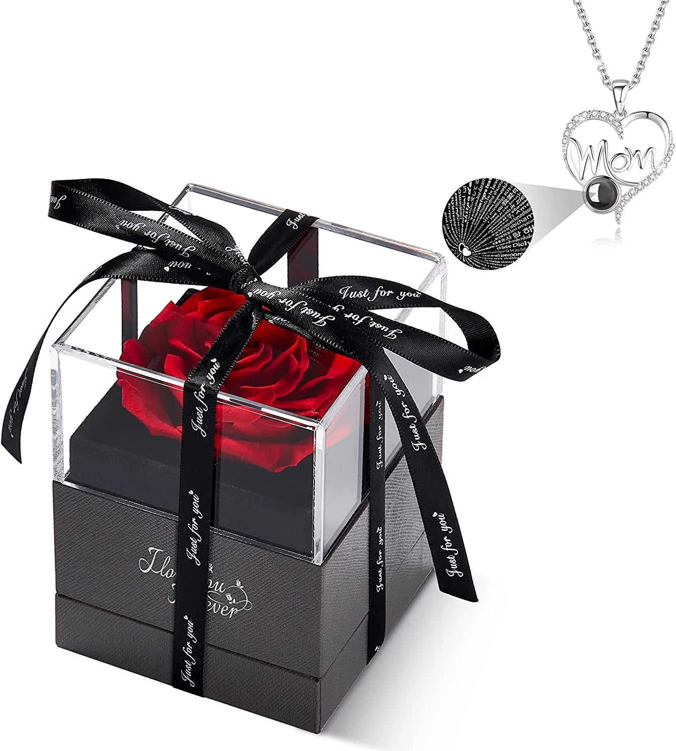 Preserved Red Real Rose with I Love You Mom Necklace in 100 Languages -Eternal Flowers Enchanted Rose Gifts for Mom from Daughter Son - Christmas Mothers Day Valentines Day Birthday Bonus Mom Gifts