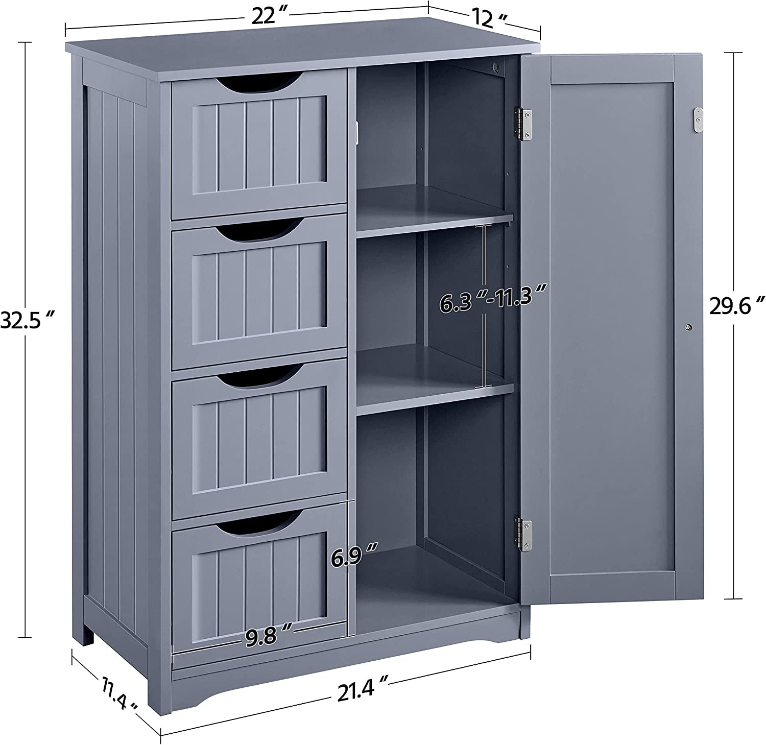 Bathroom Floor Cabinet, Freestanding Storage Oragnizer Unit Kitchen Cupboard W/ 4 Drawers & Adjustable Shelves, Using for Living Room/Kitchen/Bathroom, Gray