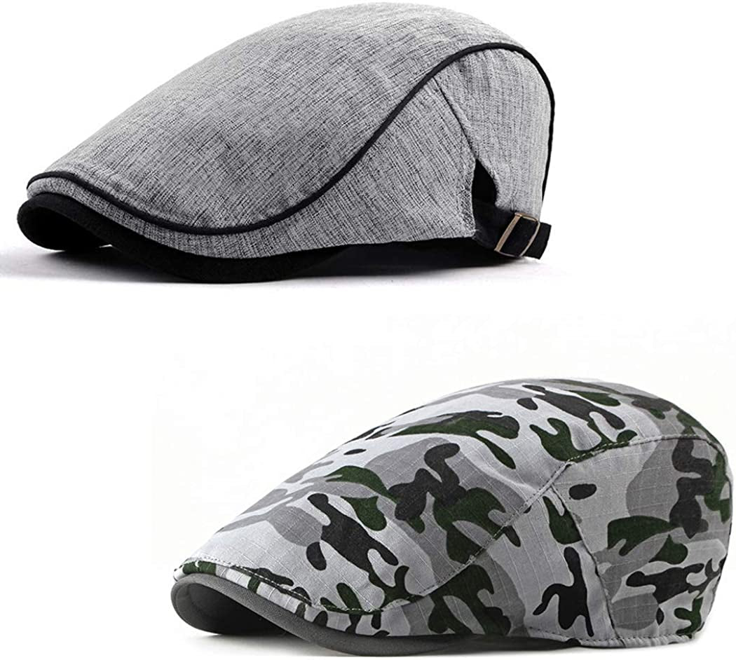 2 Pack Camo Newsboy Cap for Men Cozy Cotton Flat Ivy Gatsbay Hat Breathable Mesh Outdoor Cabbie Beret Hat