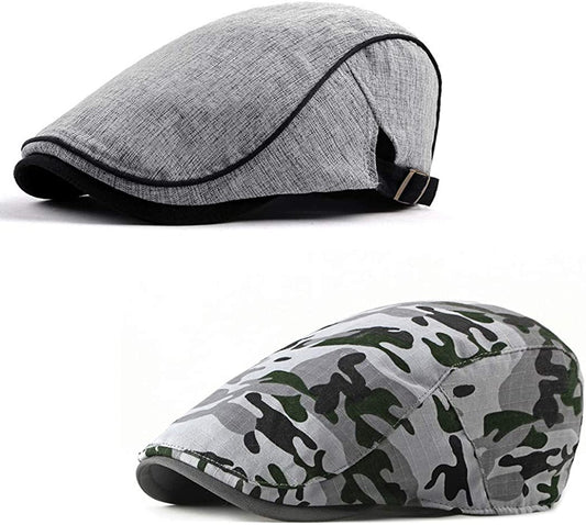 2 Pack Camo Newsboy Cap for Men Cozy Cotton Flat Ivy Gatsbay Hat Breathable Mesh Outdoor Cabbie Beret Hat
