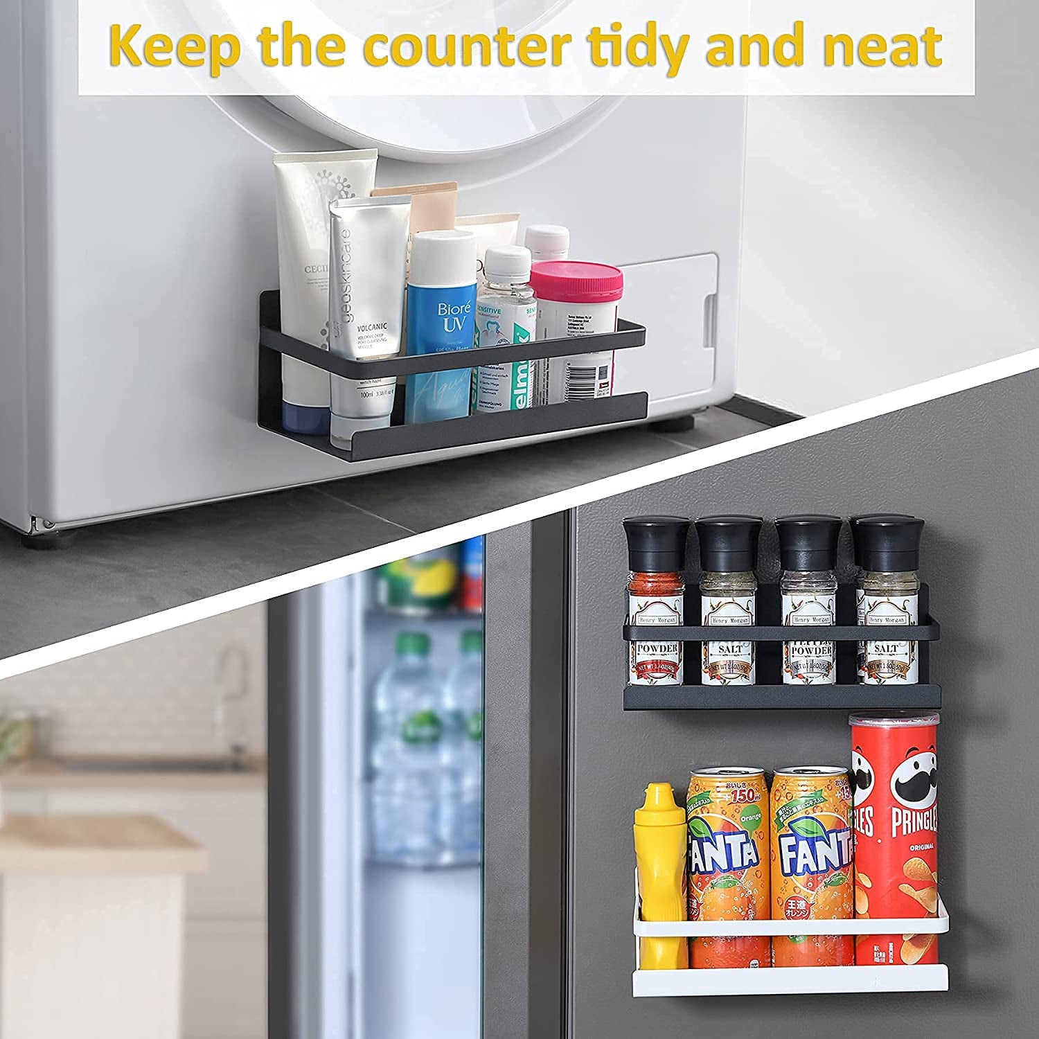 Fridge Magnet Organizer Magnetic Spice Rack with Four Removable Hook Refrigerator Shelf Rack Black (2 Pack)