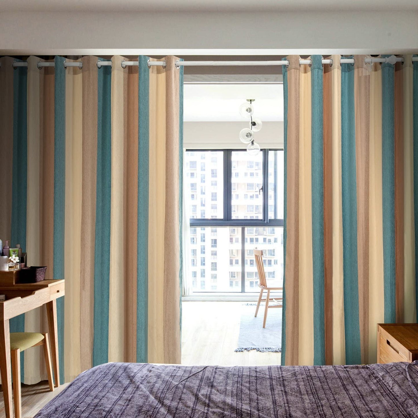 Bedroom Curtains Absolute Heat Insulation Chenille Vertical Striped Color Window Curtains Living Room Buttonhole Curtains Single Panel (W52Xl84, Blue)