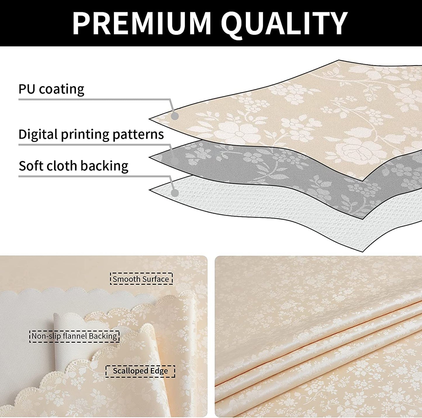Rectangle Vinyl Tablecloth,100% Waterproof Heavy Duty Oil Spill Proof Stain Resistant Plastic PU Table Cover with Flannel Backing for Kitchen/Dining/Parties（Rose Beige, 60 X 84