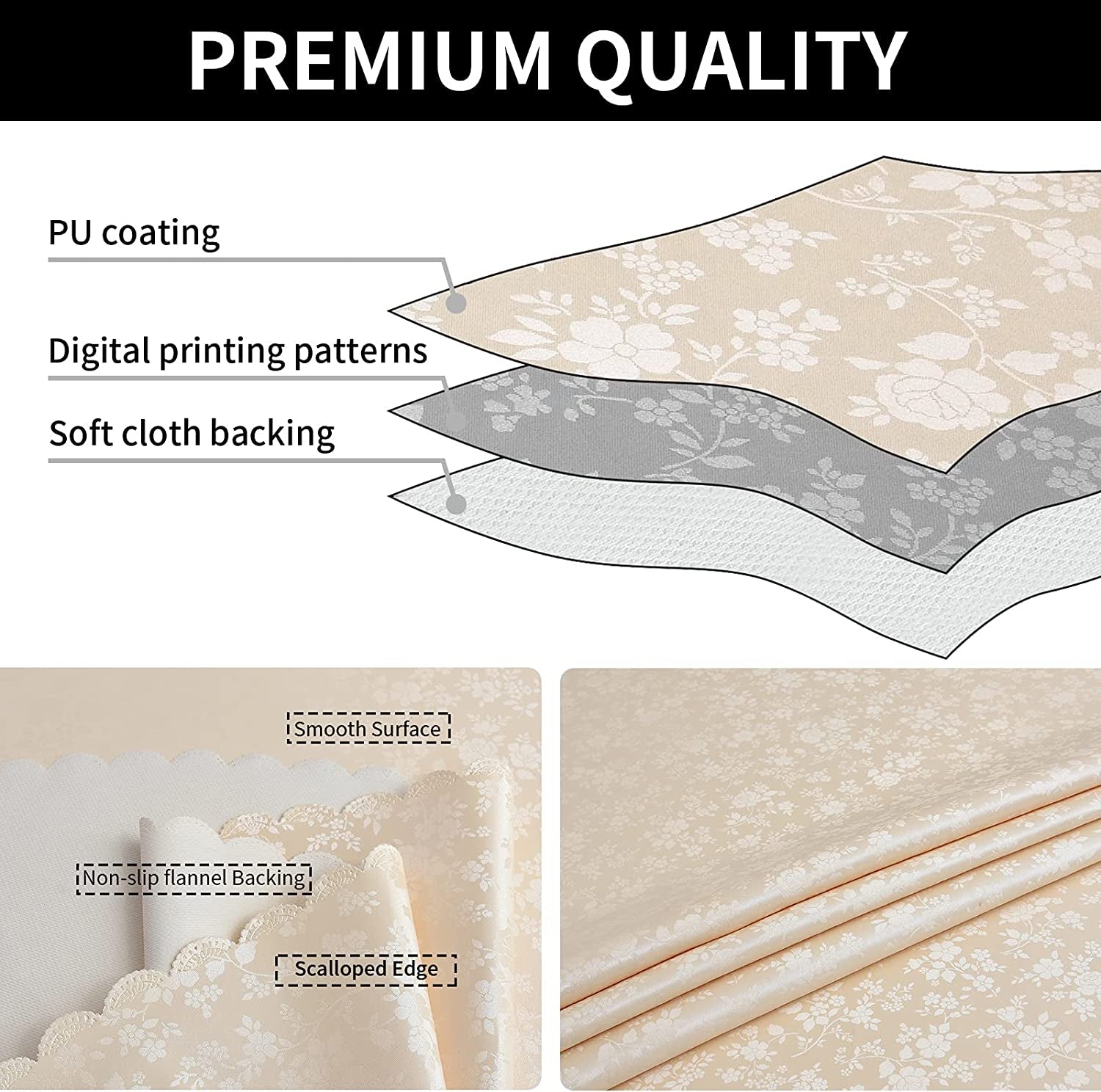 Rectangle Vinyl Tablecloth,100% Waterproof Heavy Duty Oil Spill Proof Stain Resistant Plastic PU Table Cover with Flannel Backing for Kitchen/Dining/Parties（Rose Beige, 60 X 84