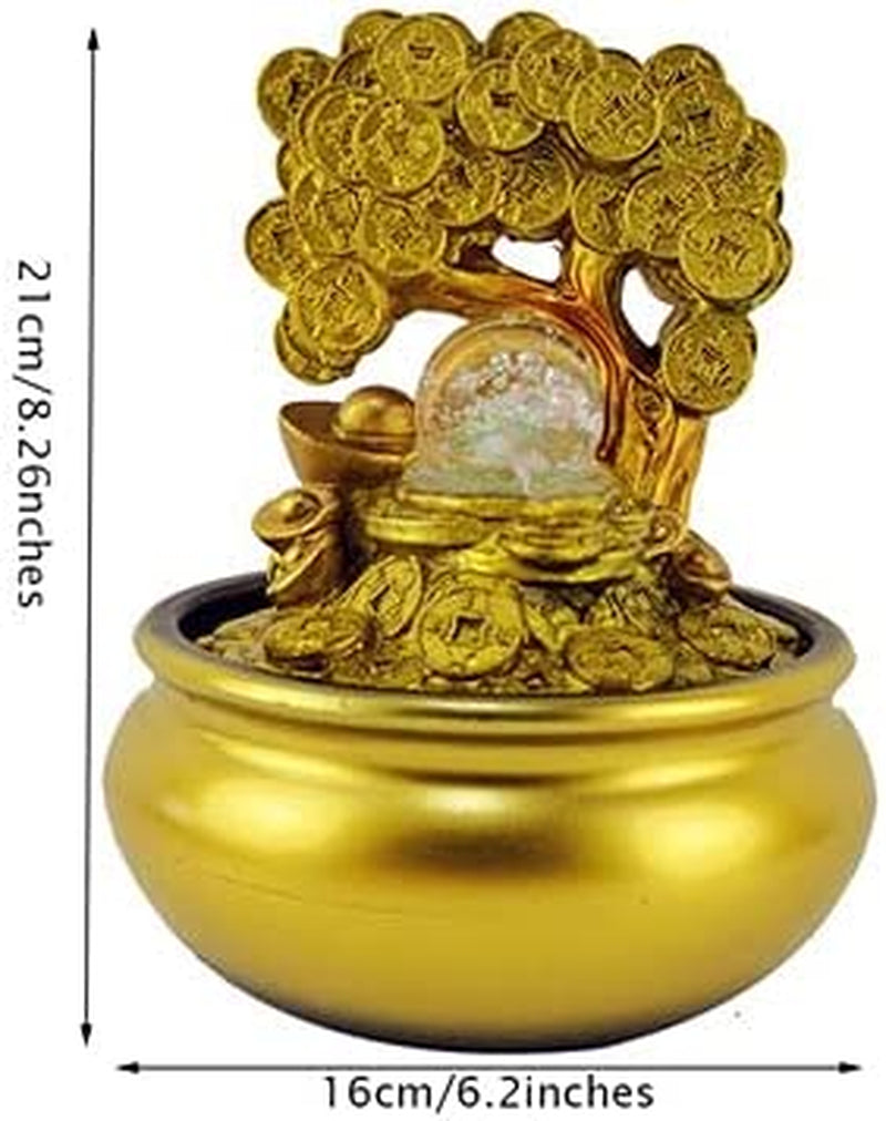 Gold Tree Desktop Fountain Waterfall Decoration with LED Light Portable Tabletop Decorative Zen Meditation Waterfall for Office Living Room Craft Gift