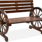 2-Person Wooden Wagon Wheel Bench for Backyard, Patio, Porch, Garden, Outdoor Lounge Furniture W/Rustic Country Design, Slatted Seat and Backrest - Brown