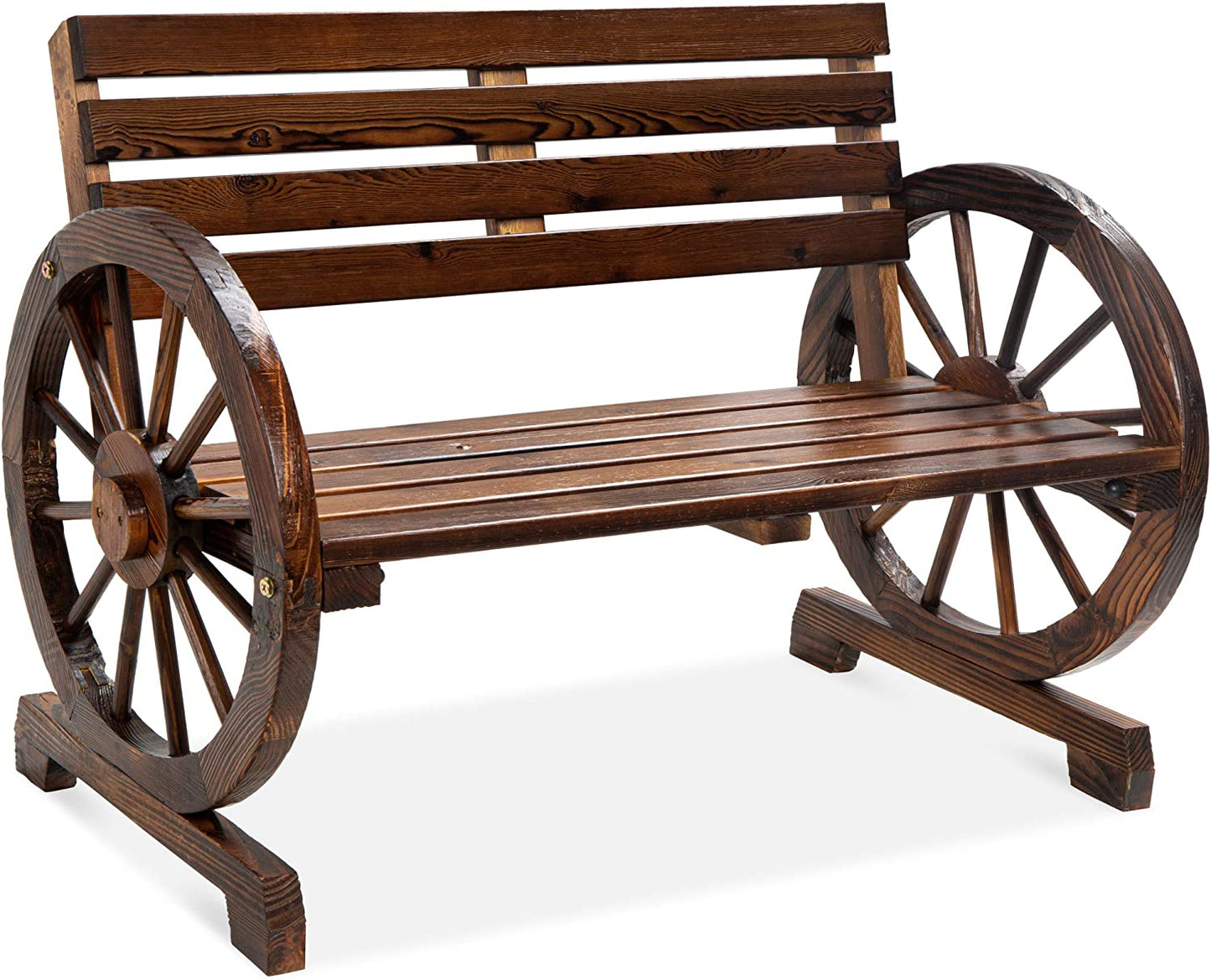 2-Person Wooden Wagon Wheel Bench for Backyard, Patio, Porch, Garden, Outdoor Lounge Furniture W/Rustic Country Design, Slatted Seat and Backrest - Brown