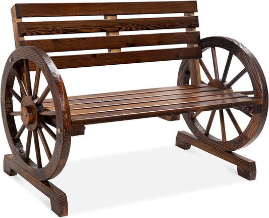 2-Person Wooden Wagon Wheel Bench for Backyard, Patio, Porch, Garden, Outdoor Lounge Furniture W/Rustic Country Design, Slatted Seat and Backrest - Brown