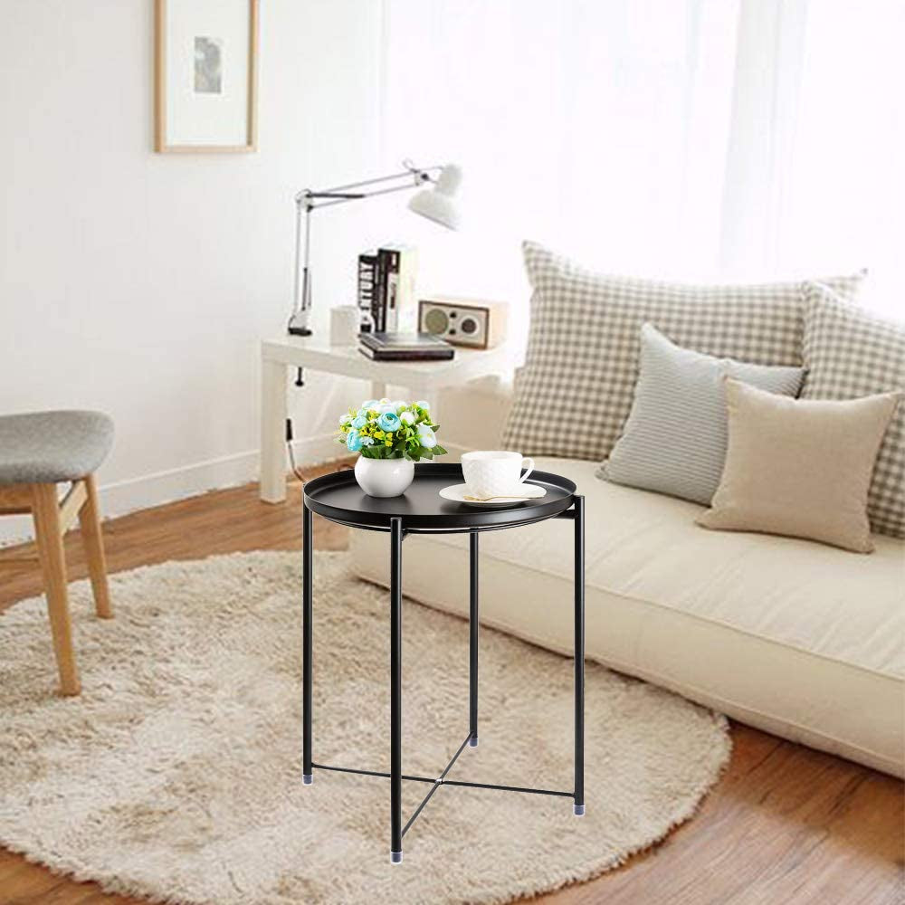 Side Table round Metal, Outdoor Side Table Small Sofa End Table Indoor Accent Table round Metal Coffee Table Waterproof Removable Tray Table for Living Room Bedroom Balcony Office Black