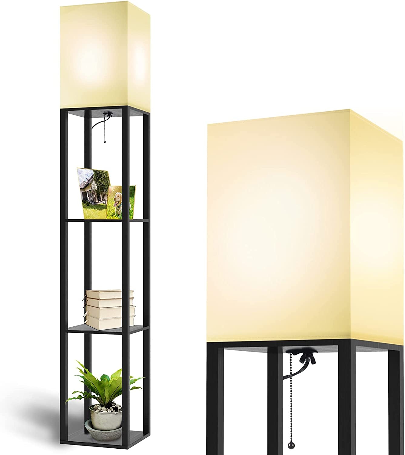 Column Floor Lamp with Shelves, Modern Shelf Floor Lamp with 9W LED Bulb, 3 Tier Storage Display Standing Reading Lamp Narrow Corner Nightstand Light for Bedroom Living Room, Black