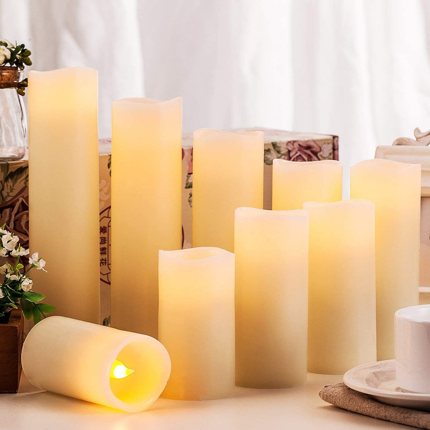 Battery Operated Flameless Candle Set of 9 Real Wax Pillar Decorative Led Fake Candles with Remote Control and Timer