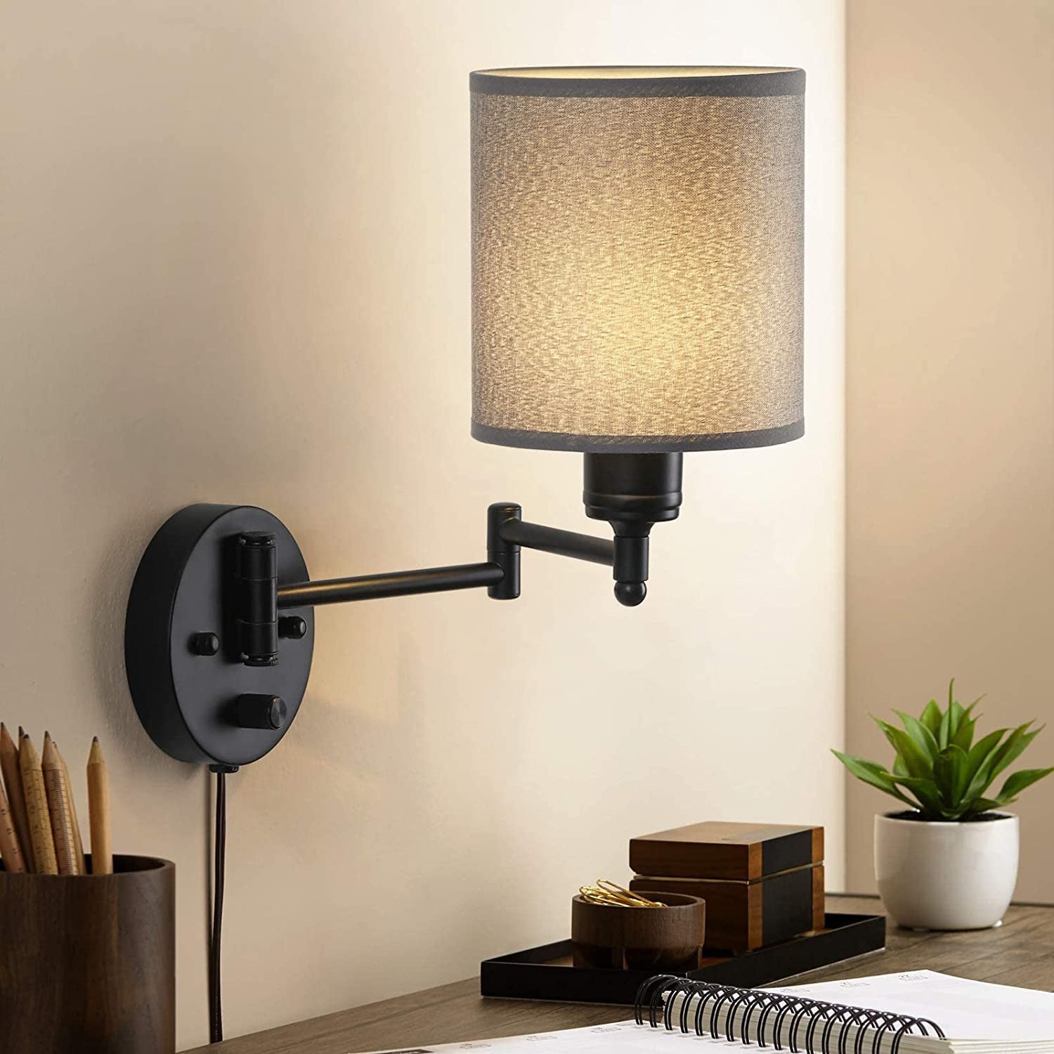 Plug in Wall Light Fixtures, Set of 2 Swing Arm Wall Lamps with Grey Linen Lampshade, Modern Bedside Wall Sconce for Bedroom Hallway Living Room Study