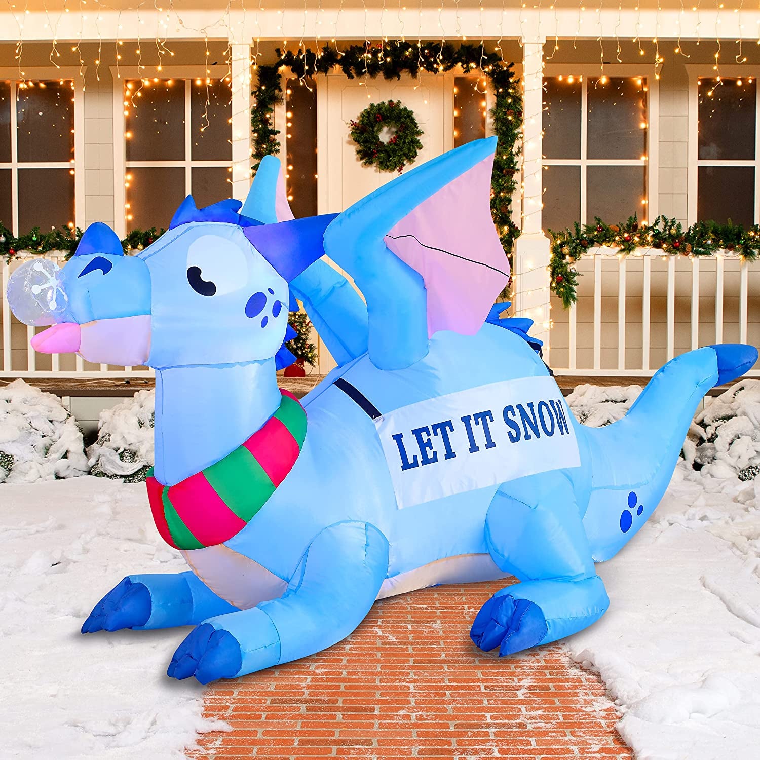 6 FT Long Christmas Inflatable Dragon, Blow up Lighted Inflatables Blue Dragon with Snowflake for Christmas Party Indoor, Outdoor, Yard, Garden, Lawn Winter Decorations