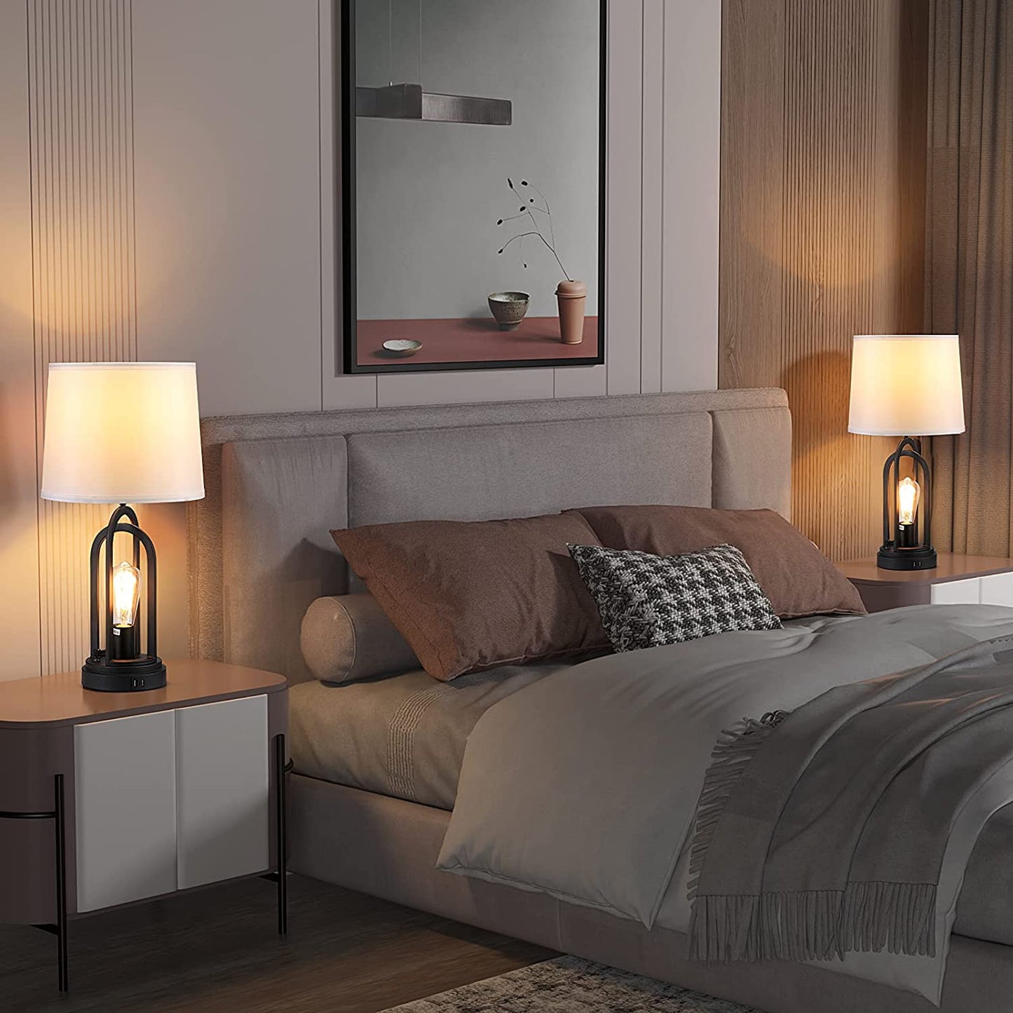 Farmhouse Table Lamps for Living Room Set of 2, Bedside Lamps with Dual USB Ports, 3-Way Brightness Retro Charging Lamp for Bedroom,  Industrial Nightstand Lamp with Nightlight (Bulbs Included)