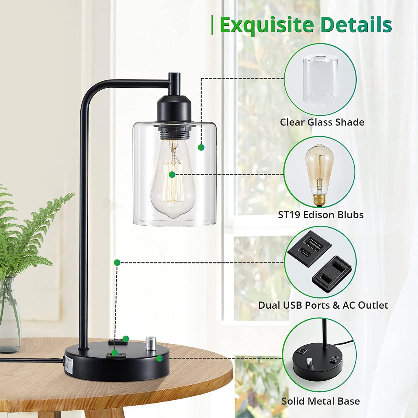 Set of 2 Industrial Table Lamps with AC Outlet and 2 USB Ports, Fully Stepless Dimmable Bedside Lamps, Nightstand Lamp with Glass Shade for Bedroom, Living Room, Office, 2700K Bulbs Included