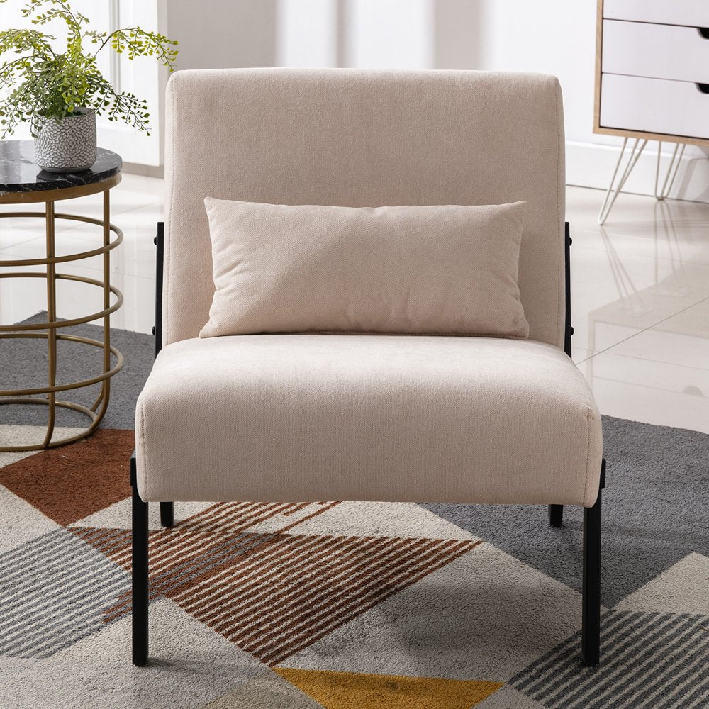 Cream Accent Chair for Living Room Tuffed Upholstered Sofa Chairs Fabric Armless Contemporary Accent Chair Mid Century Fabric Roll Arm Living Room Chair with Metal Legs