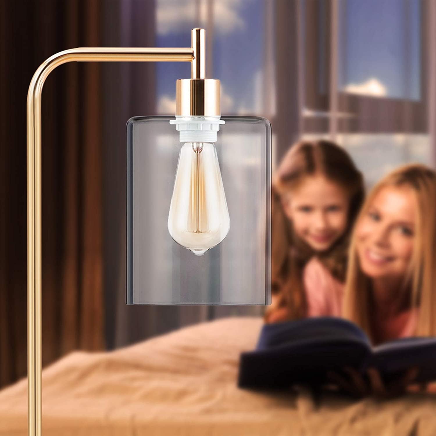 Gold Tall LED Floor Lamp Included Bulb, Modern Standing Lamp with Hanging Glass Shade, Farmhouse Indoor Simple Floor Lamp, Industrial Pole Light for Living Room, Bedroom, Office, Home Decor