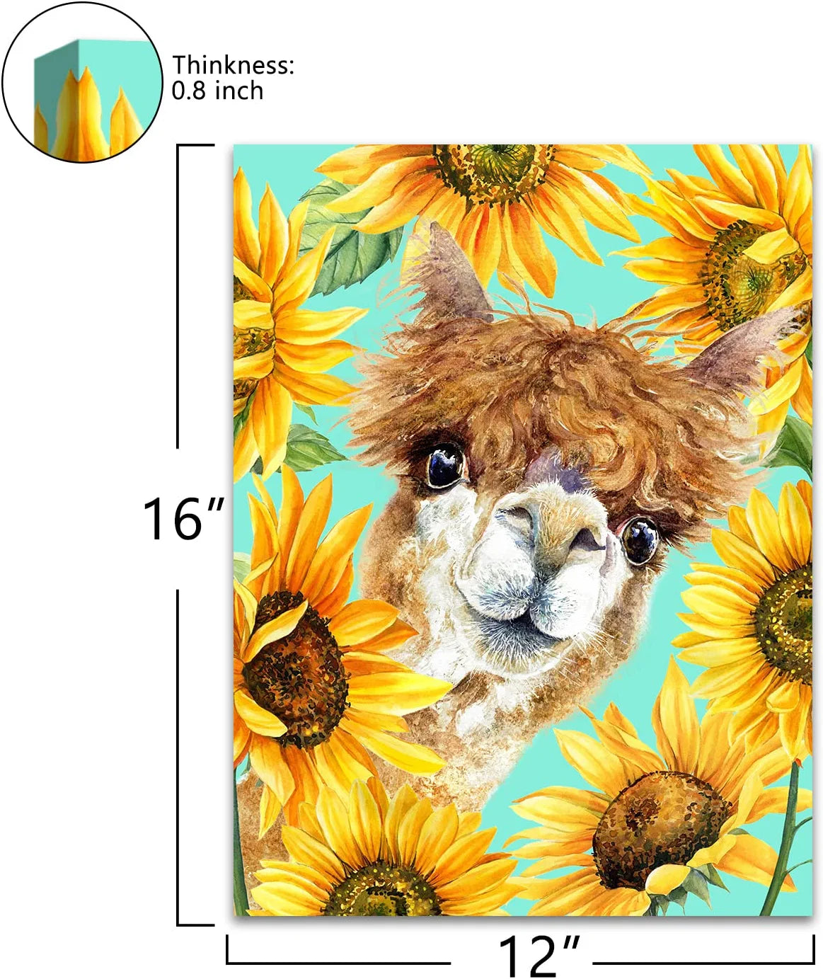 Alpaca Portrait Wall Art Funny Country Animal Canvas Printing Llama Picture Rural Animal Sunflowers Wall Painting Adorable Artwork for Living Room Kids Room Bedroom Nursery Decor Poster 12X16Inch