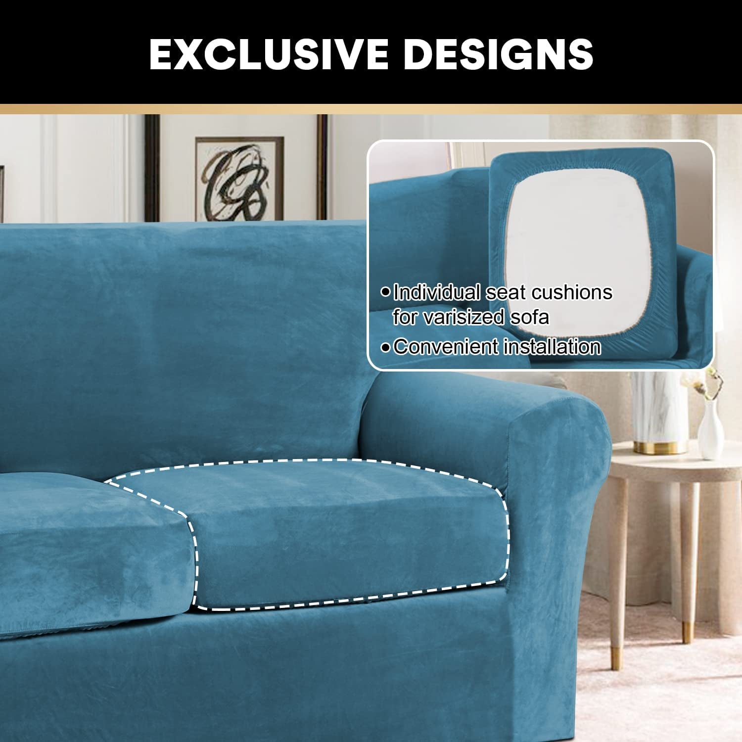 4 Pieces Sofa Covers Stretch Velvet Couch Covers for 3 Cushion Sofa Slipcovers Soft Sofa Slip Covers Furniture Covers with 3 Individual Seat Cushion Covers, Machine Washable (Large, Blue)