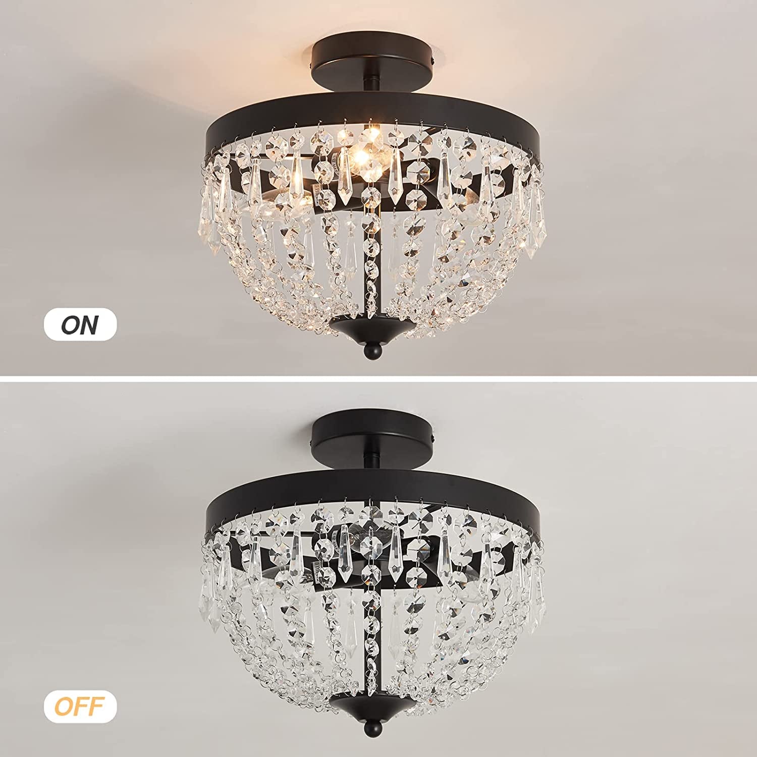 3-Light Semi Flush Mount Ceiling Light，Black Antique Modern Crystal Chandelier Fixture，Ceiling Lighting for Closet Bedroom Hallway Kitchen Dining Room Bathroom