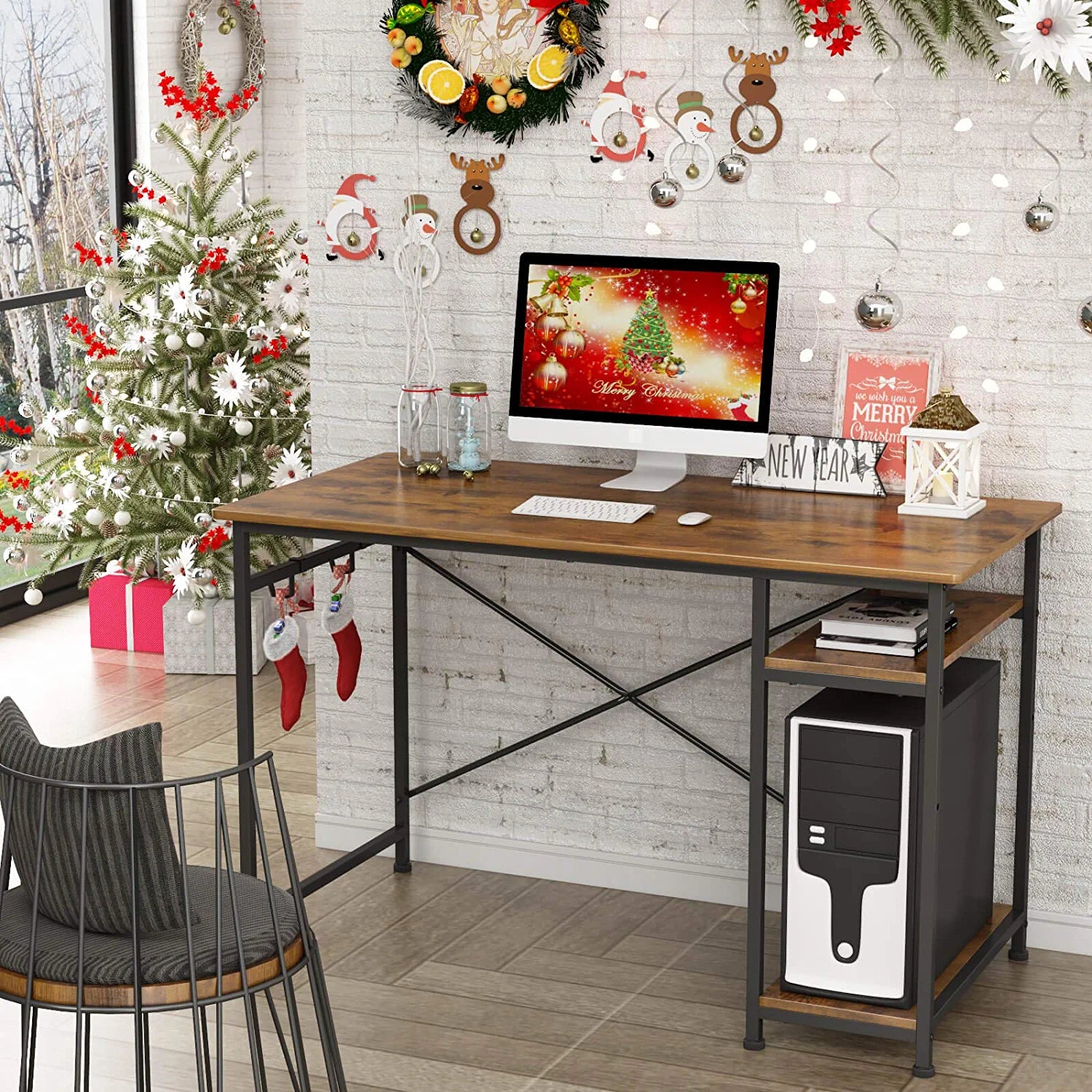 Writing Computer Desk 47", Home Office Study Desk with 2 Storage Shelves on Left or Right Side, Industrial Simple Style Wood Table Metal Frame for PC Laptop Notebook