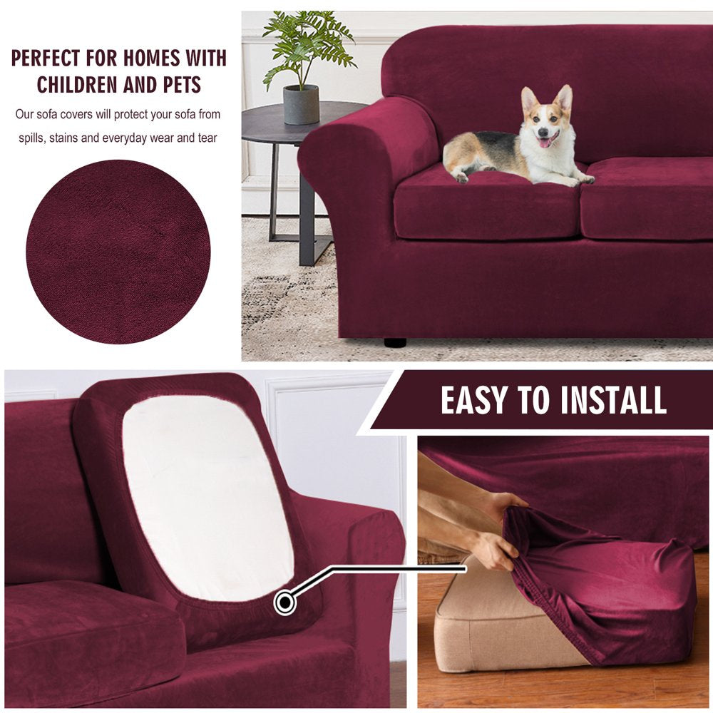 Velvet Plush 4 Piece Stretch Sofa Covers Couch Covers for 3 Cushion Couch 3 Seater Covers (Base Cover plus 3 Individual Cushion Covers) Feature Thick Soft Stay in Place