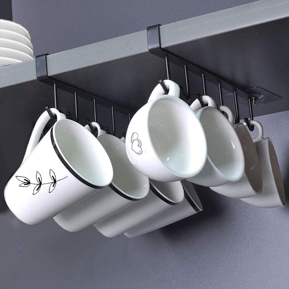 Alich 2Pcs Mug Hooks under Cabinet Mug Holder Rack,Nail Free Adhesive Coffee Cups Holder Hanger for Cups/Kitchen Utensils/Ties Belts/Scarf/Keys Storage, Fit for 0.8Inch Thickness Shelf or Less (BLA)