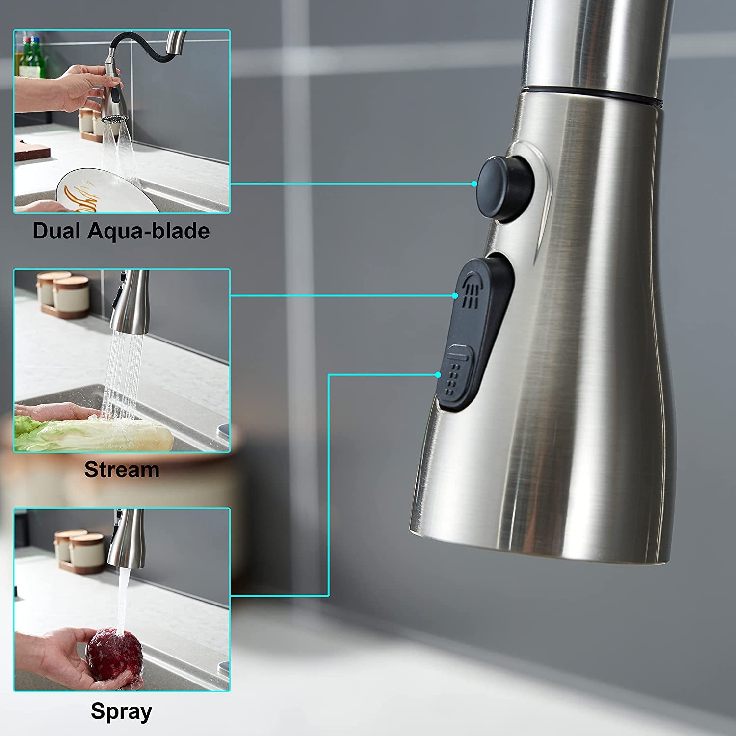 Kitchen Faucet Sprayer Head Replacement - Pull down Faucet Spray Head, Pull Out Faucet Sprayer Nozzle, 3 Function Kitchen Tap Spray Spout Part, Only for G1/2 Connector, Brushed Nickel
