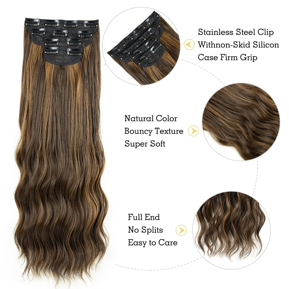 Clip in Hair Extensions 4Pcs Set Curly Wave 24 Inch Long Hair Extension Clip Ins Balayage,Wavy Hair Extensions for Women Synthetic Clip on Extension