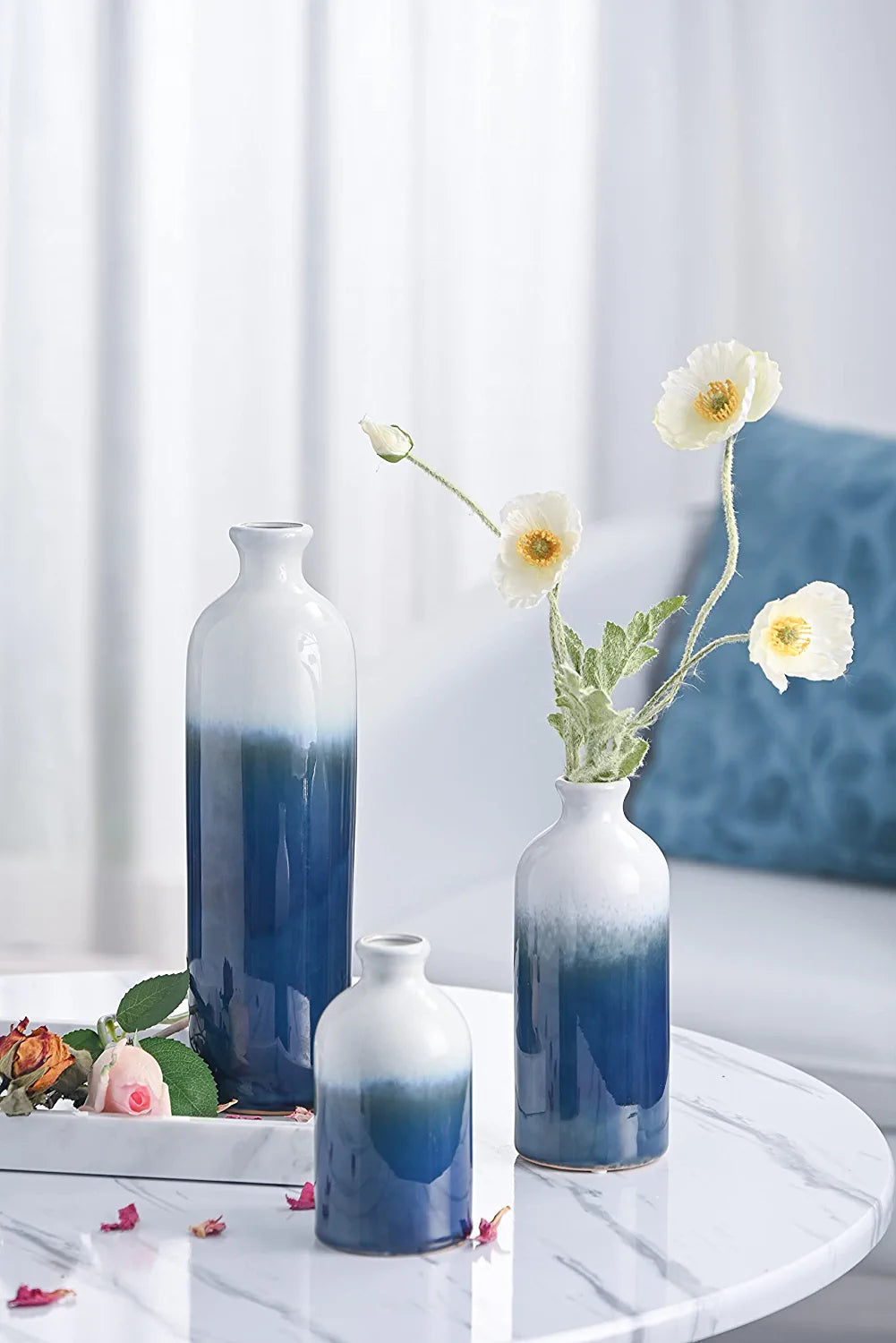 Modern Ceramic Vase for Home Decor, Set of 3 Glazed Blue and White Decorative Vases for Pampas Grass, Stoneware Vases for Mantel,Table, Shelf, Living Room Decoration, 11.8 Inch