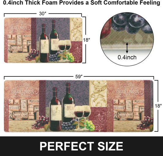 Kitchen Mat Set of 2 Cushioned anti Fatigue Mat, Wine Print Cushioned Kitchen Rug 18"X59"+18"X30", Waterproof Non Slip Comfort Kitchen Mats for Floor, Memory Foam Kitchen Rugs and Mats