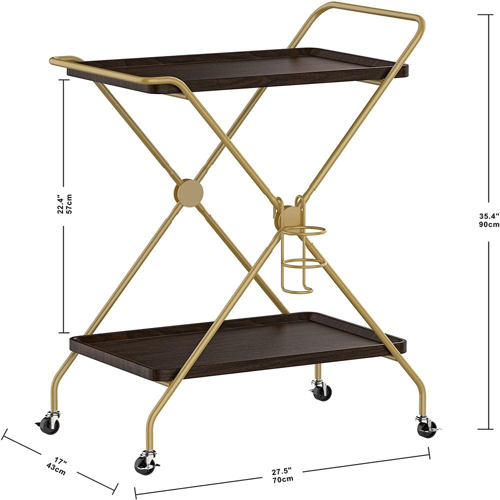 Bar Cart with Wine Rack, 2 Tier Kitchen Cart on Wheels Industrial Coffee Cart, Liquor Cart with Glass Holders for Kitchen Living Room, Brown/Brass