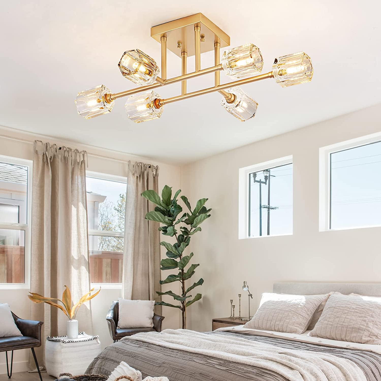 6-Light Industrial Semi Flush Mount Ceiling Light Fixture Brushed Gold, 24 Inch Modern Sputnik Chandelier Farmhouse Lighting for Kitchen Island Dining Living Room Bedroom Foyer Entry