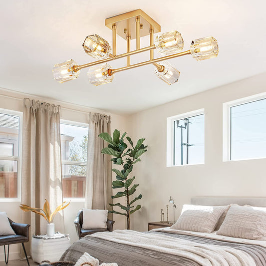6-Light Industrial Semi Flush Mount Ceiling Light Fixture Brushed Gold, 24 Inch Modern Sputnik Chandelier Farmhouse Lighting for Kitchen Island Dining Living Room Bedroom Foyer Entry