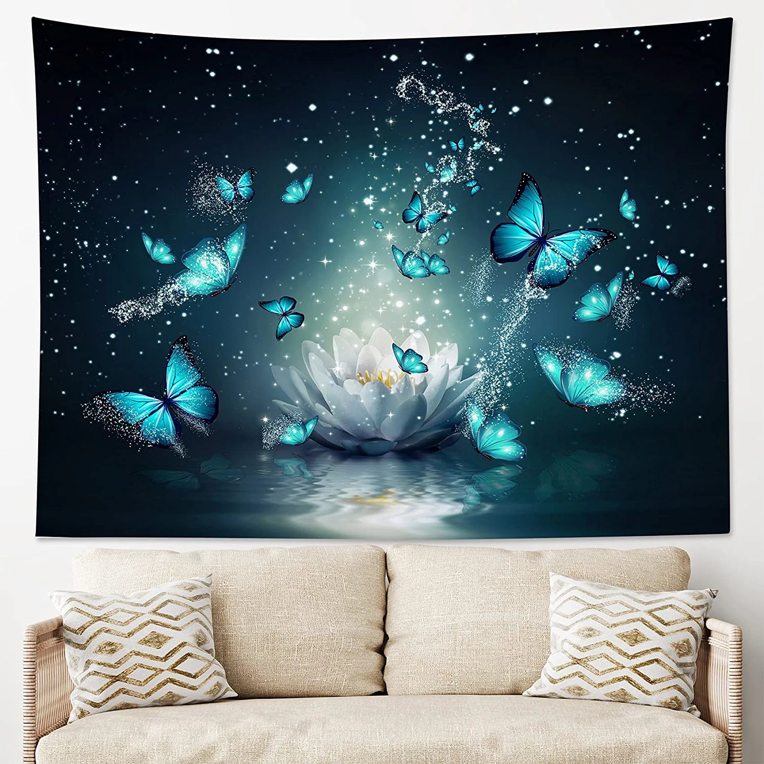 HVEST Trippy Water Lily Tapestry Wall Hanging Magic Butterfly Flying in Teal Ocean Natural Scenery Art Tapestries for Living Room Bedroom Teen Dorm Girl Yoga Room Wall Decor Poster,60X40 Inches