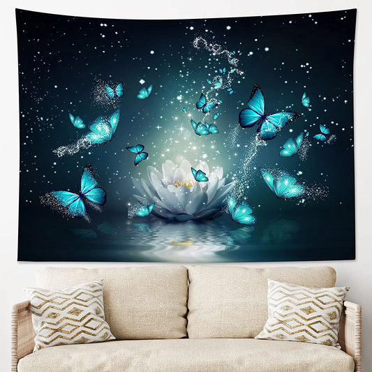 HVEST Trippy Water Lily Tapestry Wall Hanging Magic Butterfly Flying in Teal Ocean Natural Scenery Art Tapestries for Living Room Bedroom Teen Dorm Girl Yoga Room Wall Decor Poster,60X40 Inches