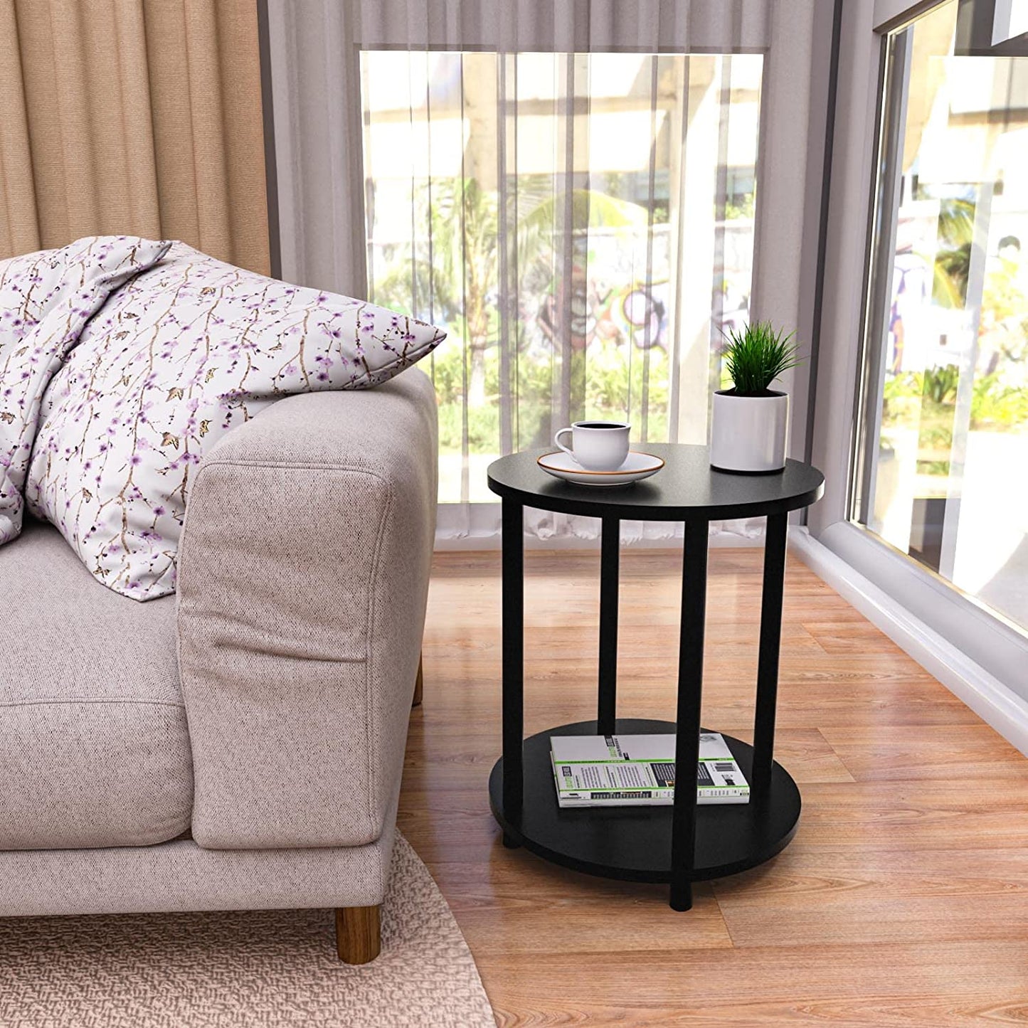 Small round Side Table, 2 Tier Black Wooden End Table/Bed Side Table/Nightstand for Living Room/Bedroom/Small Space,15.6"(D)*19.72"(H),Metal Legs