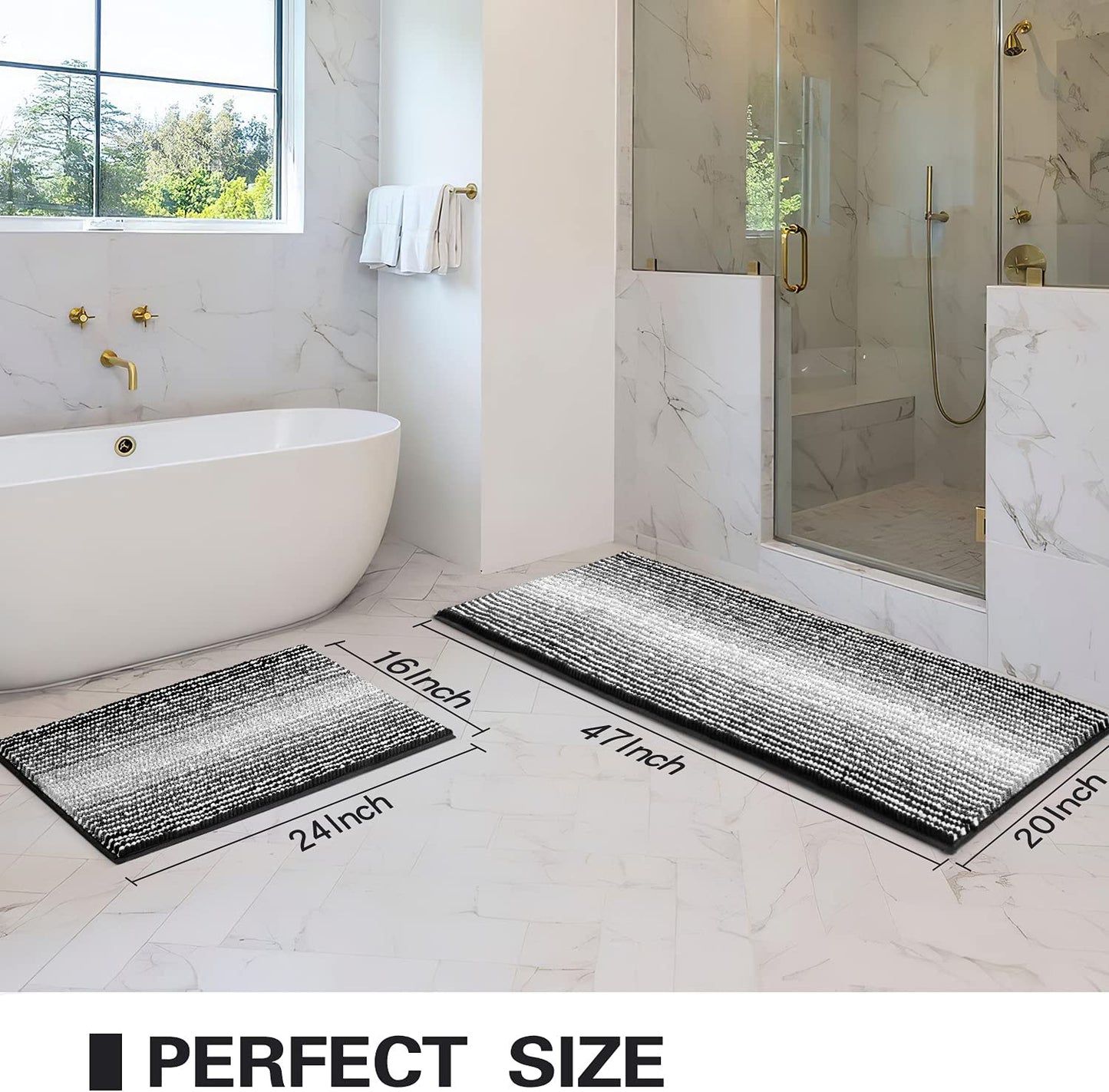 Bathroom Rugs and Mats Sets, 2 Piece Thick Absorbent Chenille Bath Mat Rug Set Non Slip, Soft Shaggy Bath Room Floor Mats for Bathroom, Machine Washable (20" X 47" plus 16" X 24", Black)