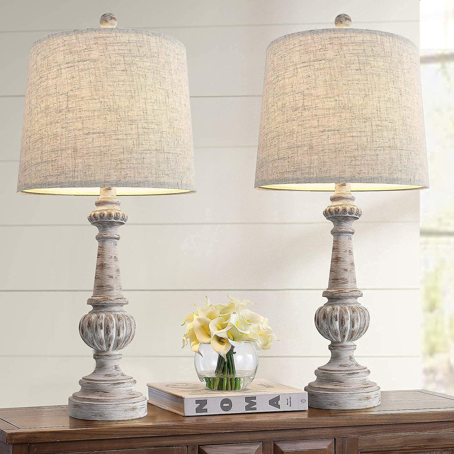 PORTRES 24.5'' Traditional Table Lamp Set of 2 for Living Room Linen Fabric Lampshade Bedside Nightstand Lamps for Bedroom Kids Room Study Room Office Rustic Table Lamps Resin