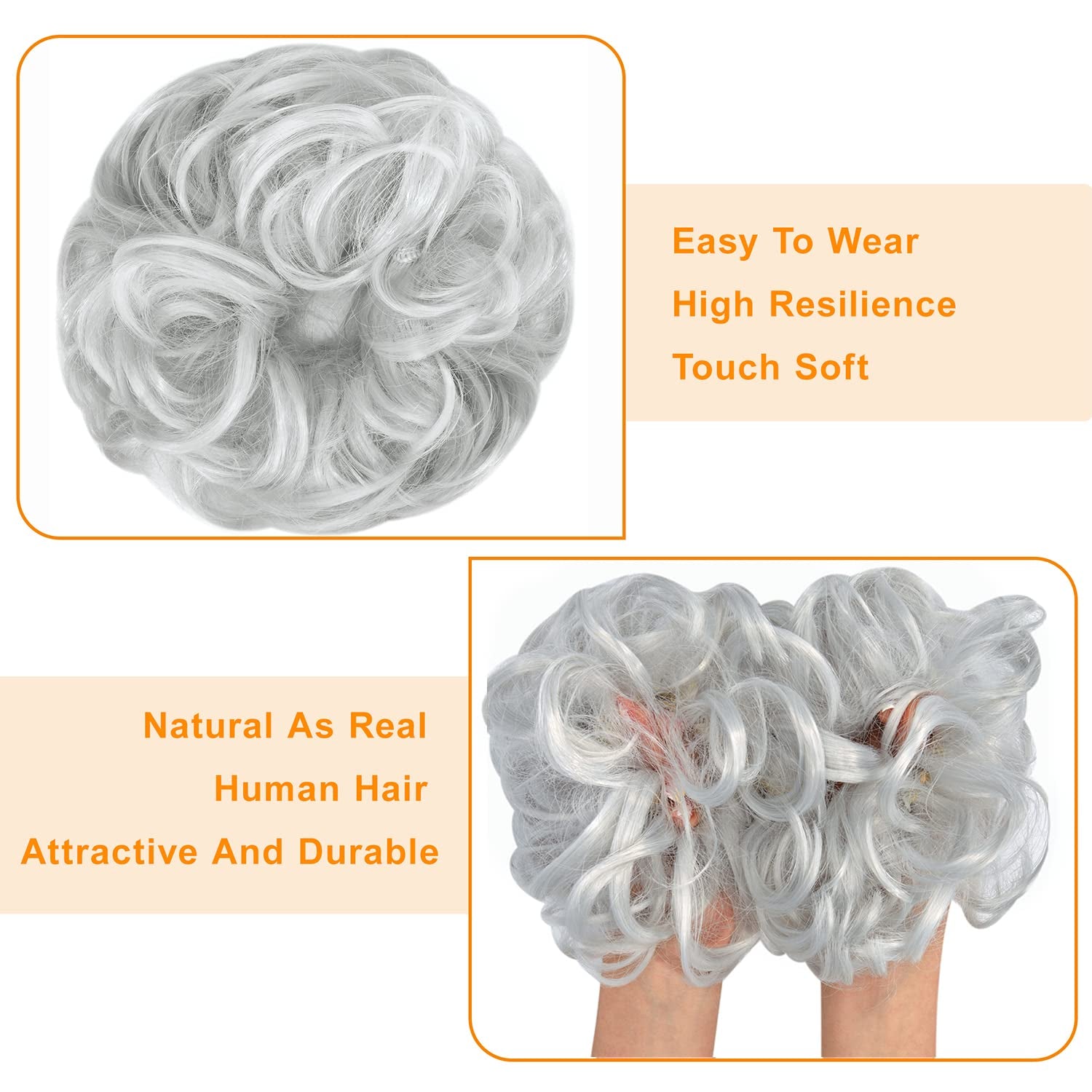 Messy Hair Bun Hair Scrunchies Extension Curly Wavy Messy Synthetic Chignon for Women Updo Hairpiece 1PCS Silver